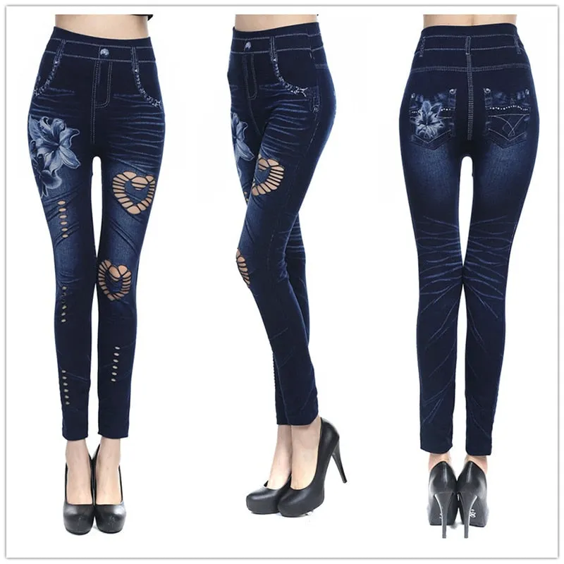 Trendy Heart Knitted Floral High Waist Denim Jeggings