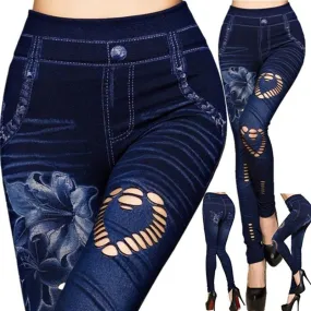 Trendy Heart Knitted Floral High Waist Denim Jeggings