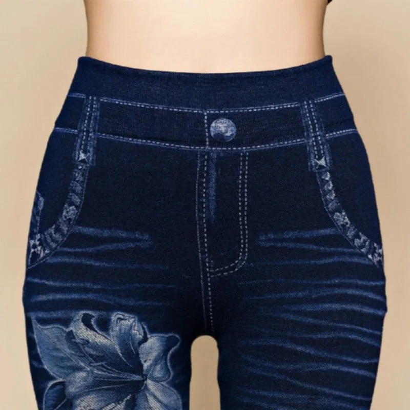 Trendy Heart Knitted Floral High Waist Denim Jeggings