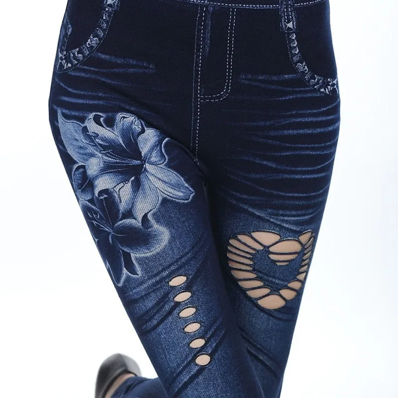 Trendy Heart Knitted Floral High Waist Denim Jeggings