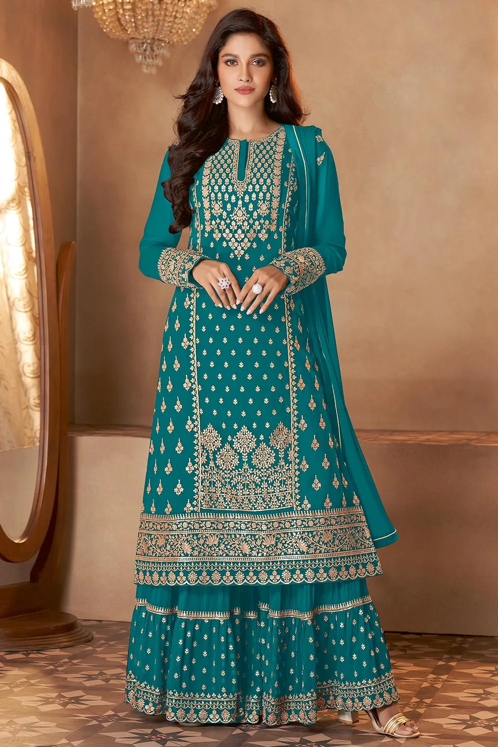 Turquoise Straight Cut Georgette Designer Sharara Suit