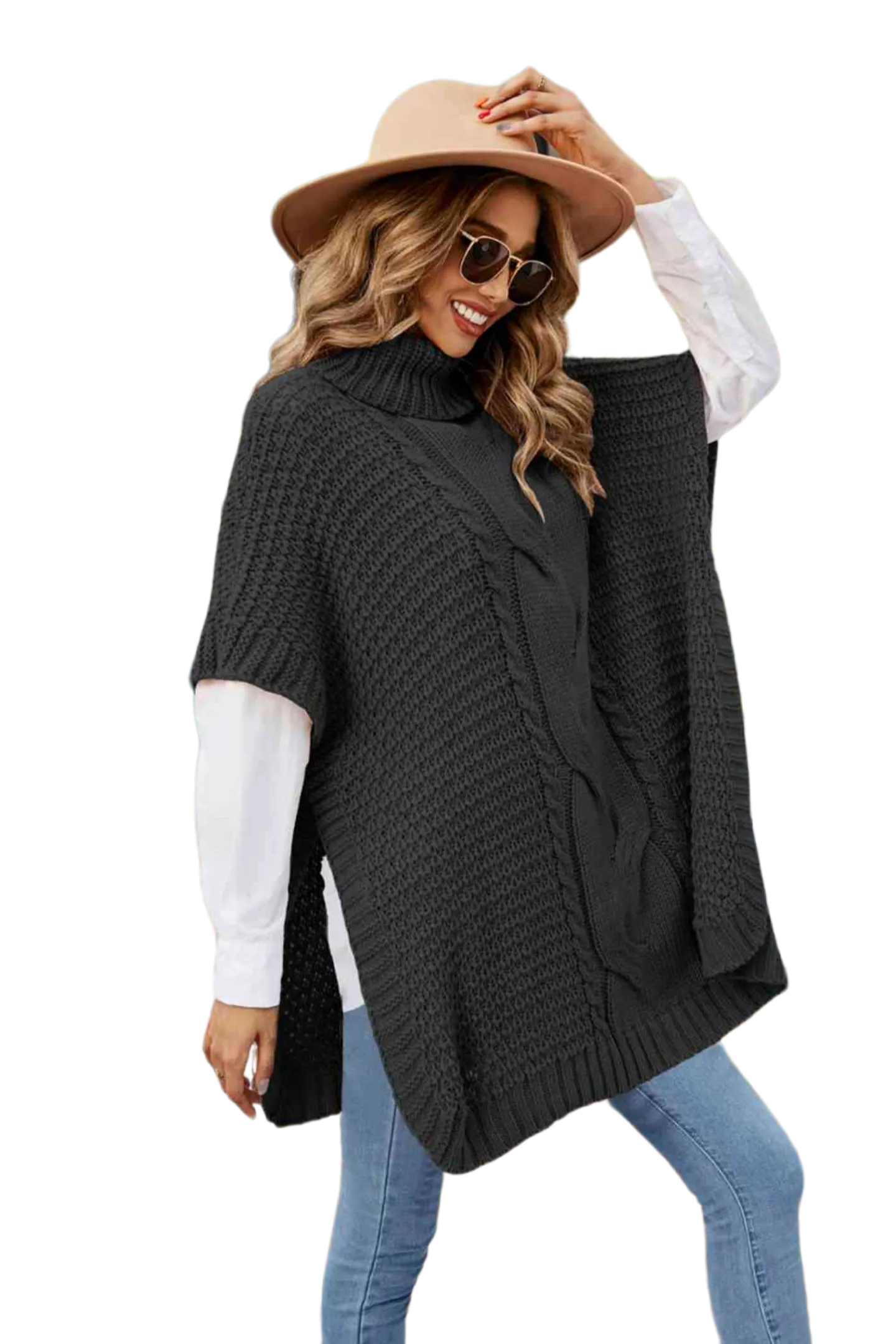 Turtleneck Short Sleeve Sweater Poncho