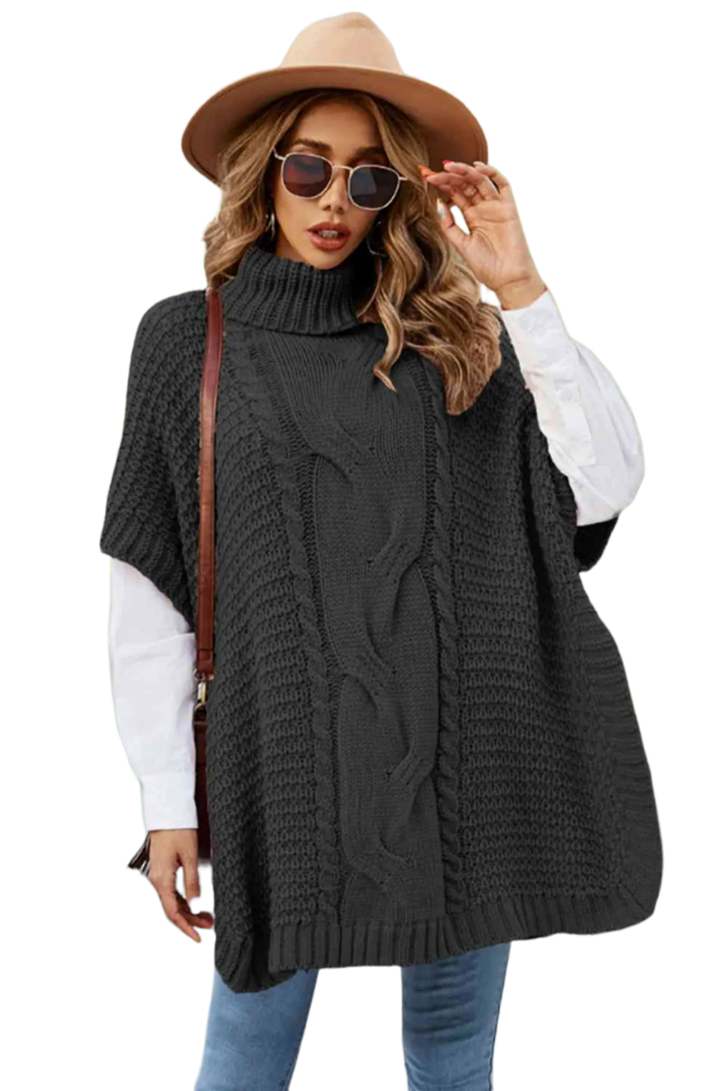 Turtleneck Short Sleeve Sweater Poncho