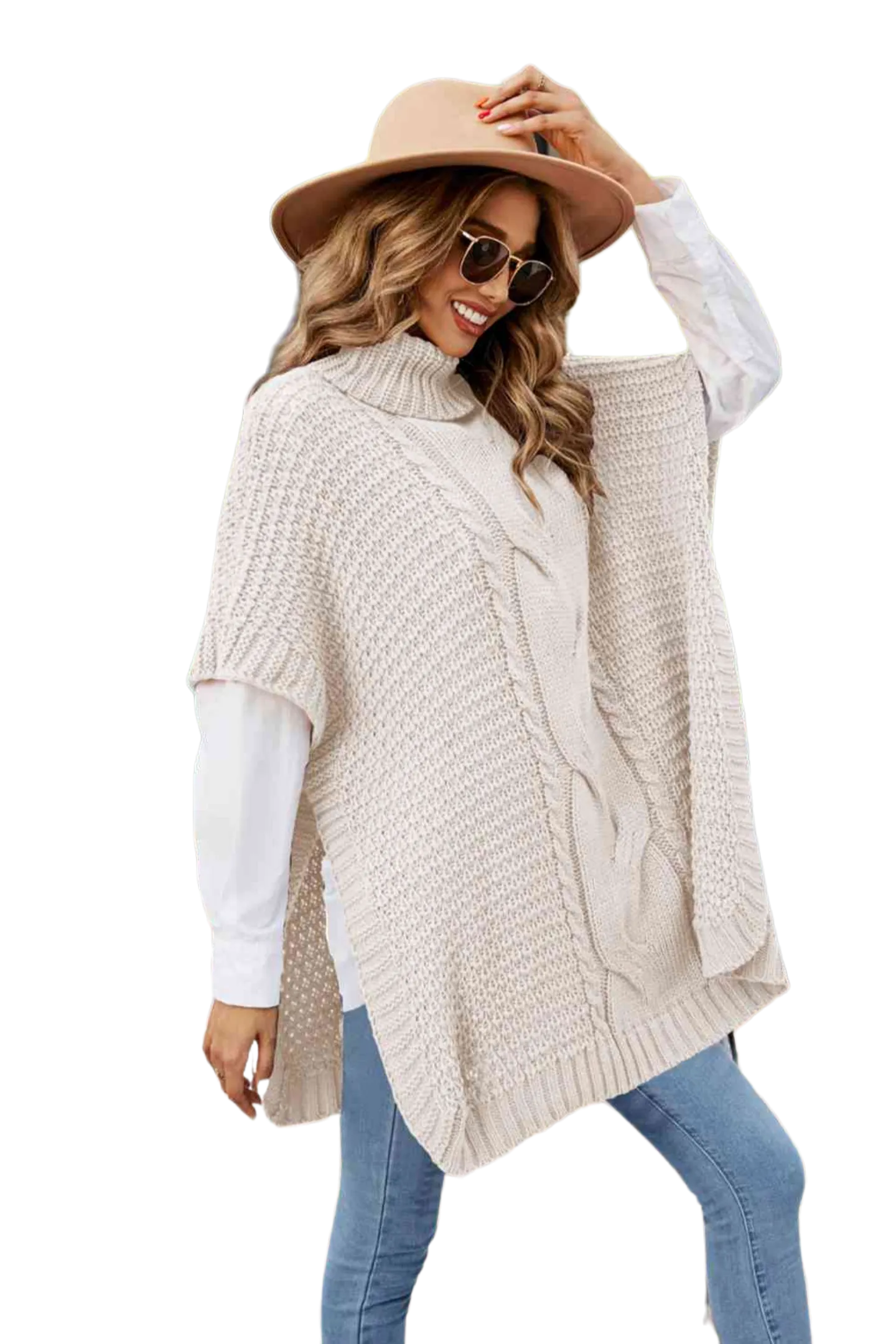 Turtleneck Short Sleeve Sweater Poncho