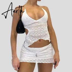 Two Piece Set Chic Women V Neck Halter Camis Tops Sexy Chest Wrap Backless Tie Up Bandage Crop Tops   Mini Pencil Skirt White