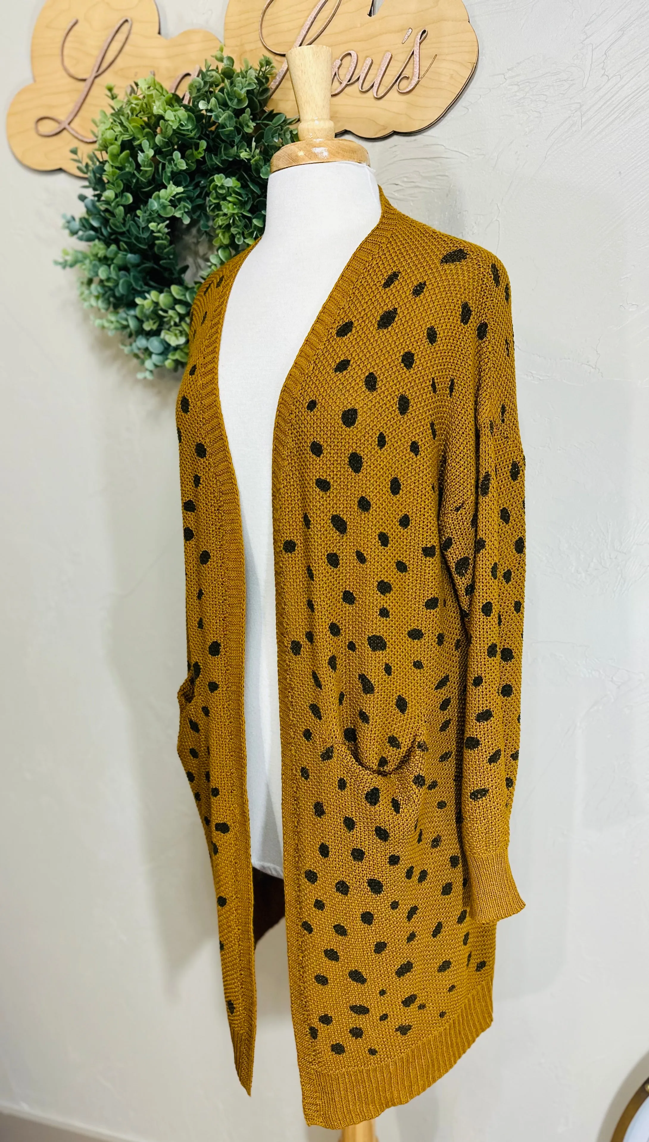 Umgee Mustard Brown Hand Stamped Long Open Front Cardigan Sweater with Pockets