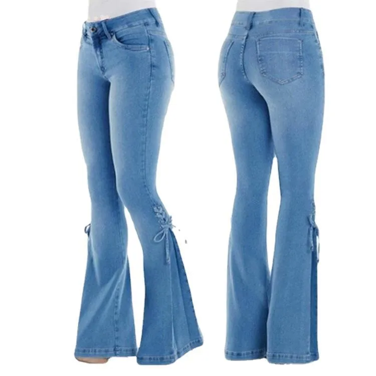 Uniwim 2000s dti Women's Jeans Mid-Waist Lace-up Denim Trousers Stretch Jeans Women's Flared Pants