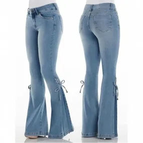 Uniwim 2000s dti Women's Jeans Mid-Waist Lace-up Denim Trousers Stretch Jeans Women's Flared Pants