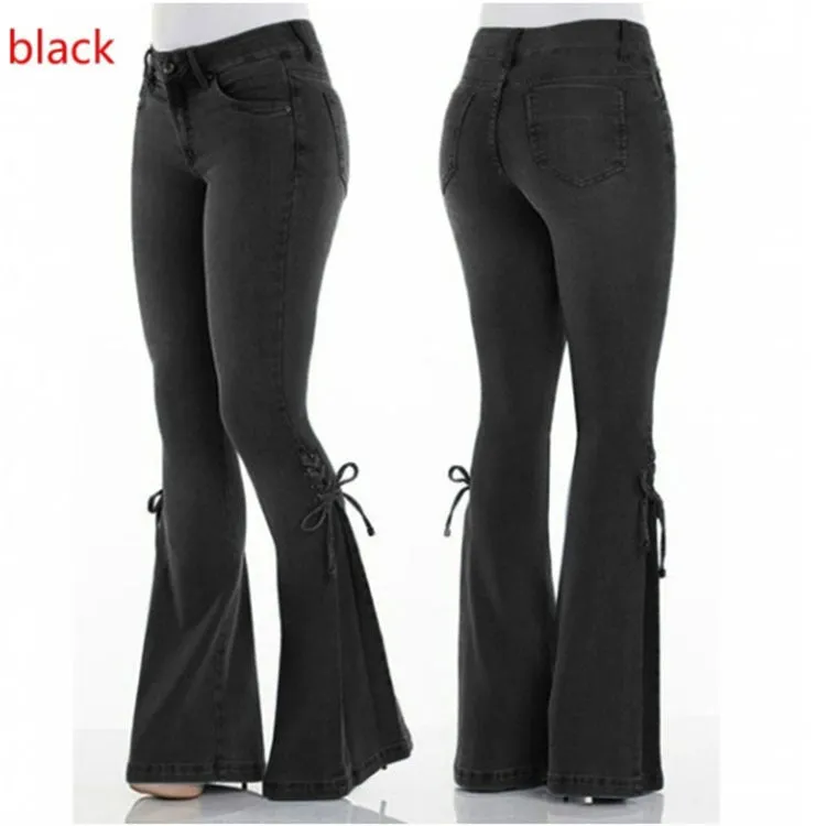 Uniwim 2000s dti Women's Jeans Mid-Waist Lace-up Denim Trousers Stretch Jeans Women's Flared Pants