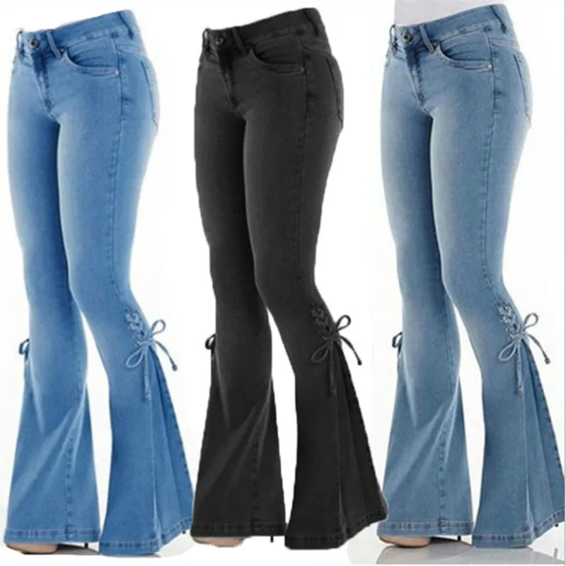 Uniwim 2000s dti Women's Jeans Mid-Waist Lace-up Denim Trousers Stretch Jeans Women's Flared Pants