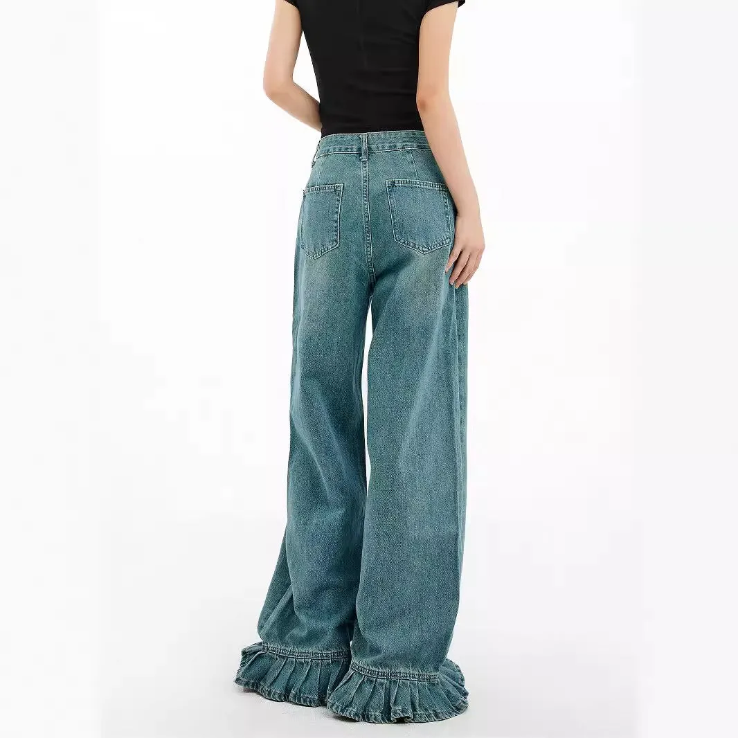 Uniwim fashion outfits American Retro Jeans Women's Design Sense Niche Lace Loose Slimming Straight Mop Wide-Leg Pants