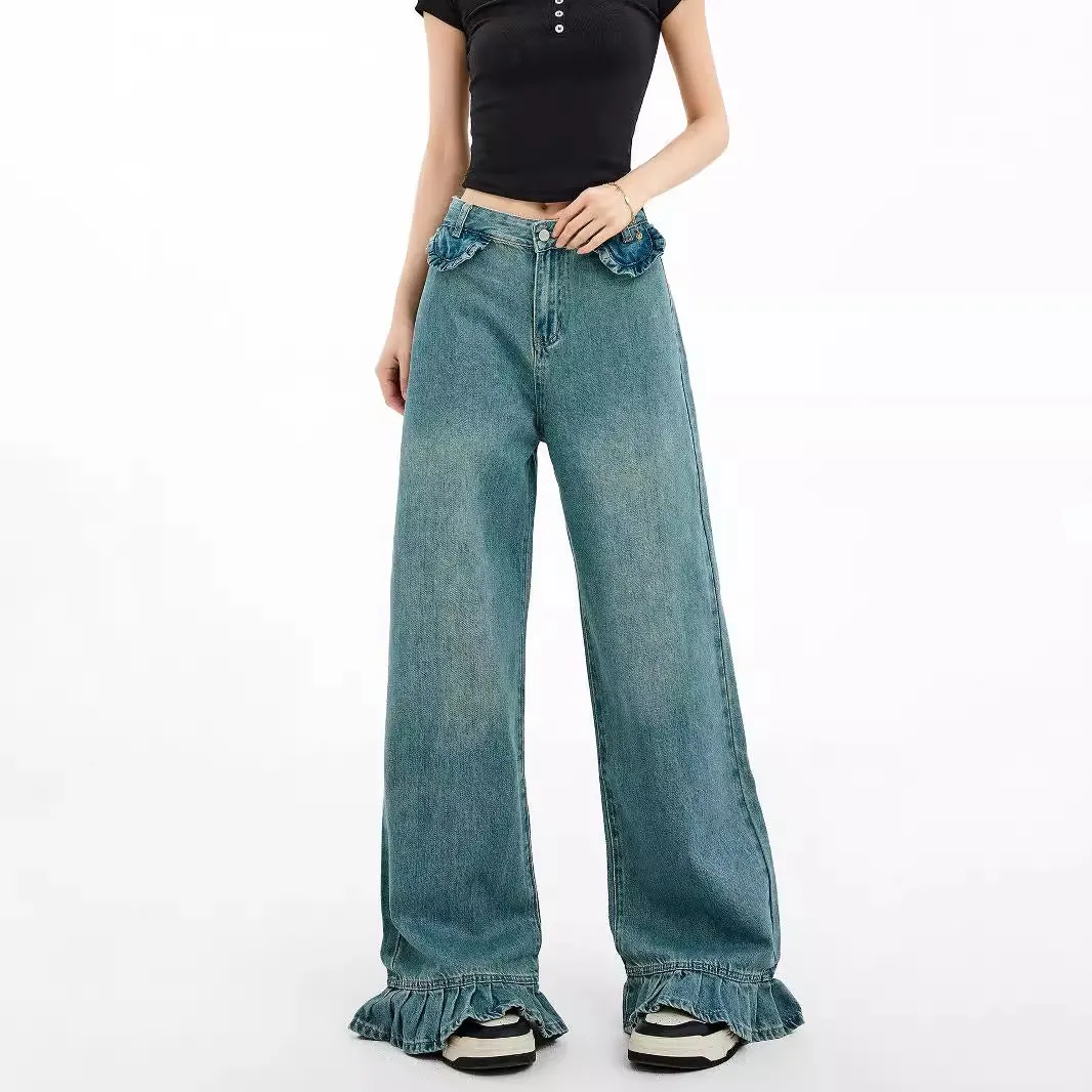 Uniwim fashion outfits American Retro Jeans Women's Design Sense Niche Lace Loose Slimming Straight Mop Wide-Leg Pants