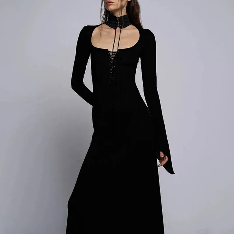 Uniwim Gothic Turtleneck Choker Lace Up Long Dress