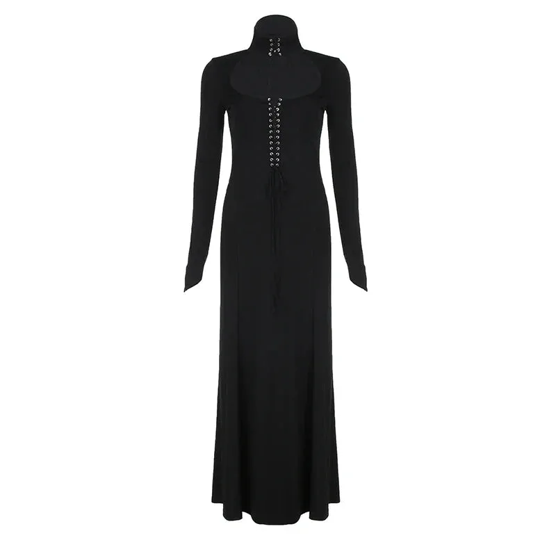 Uniwim Gothic Turtleneck Choker Lace Up Long Dress