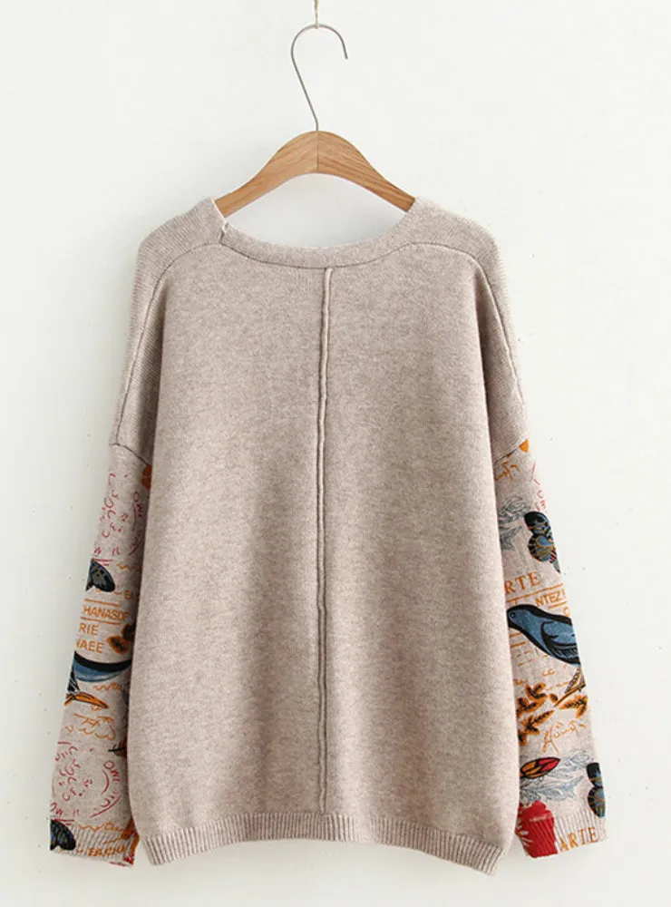 V-neck Sweaters Loose Retro Hit Color Printed Knitted