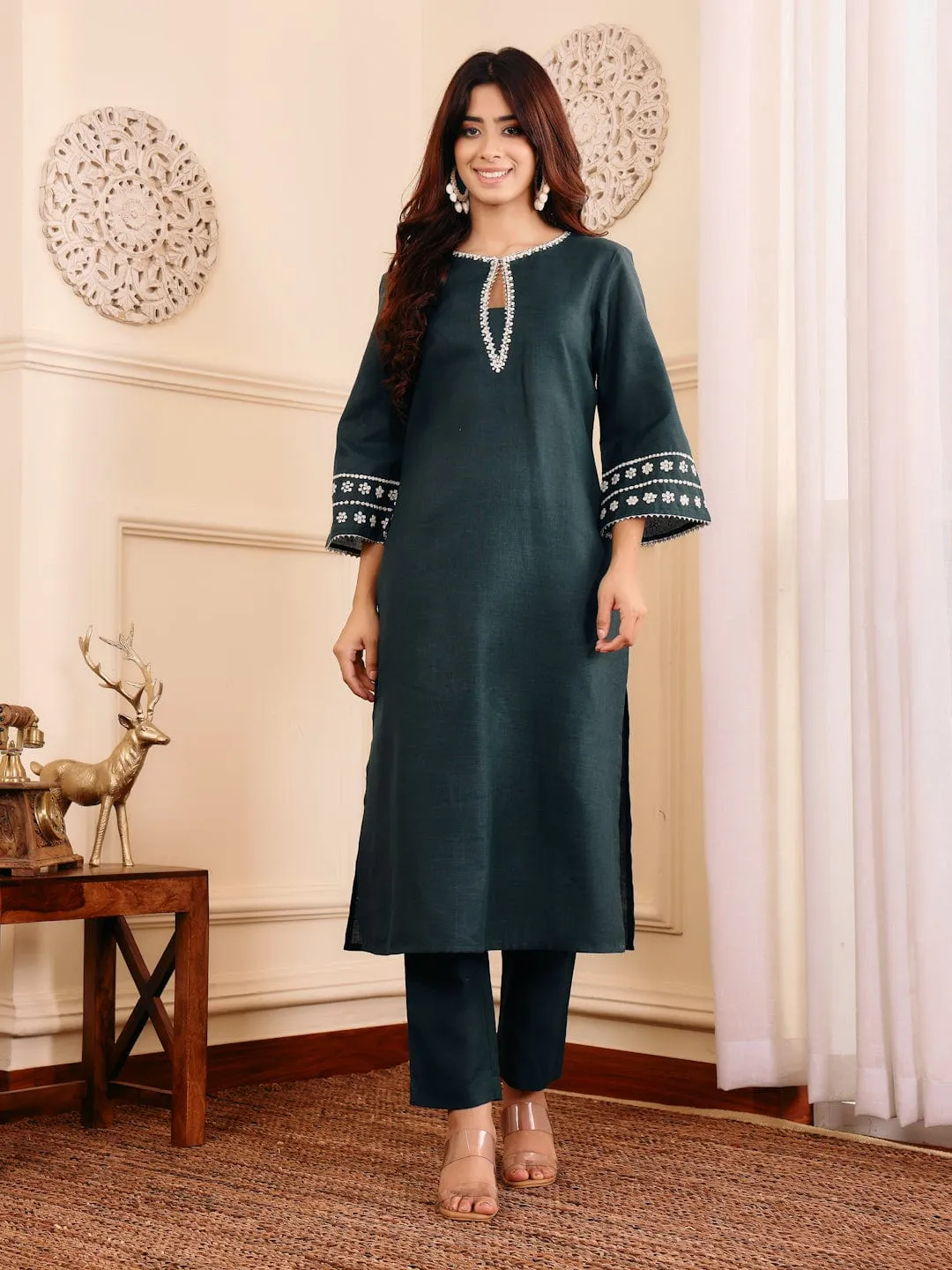 Varanga Women Bottle Green Embroidered Kurta Set