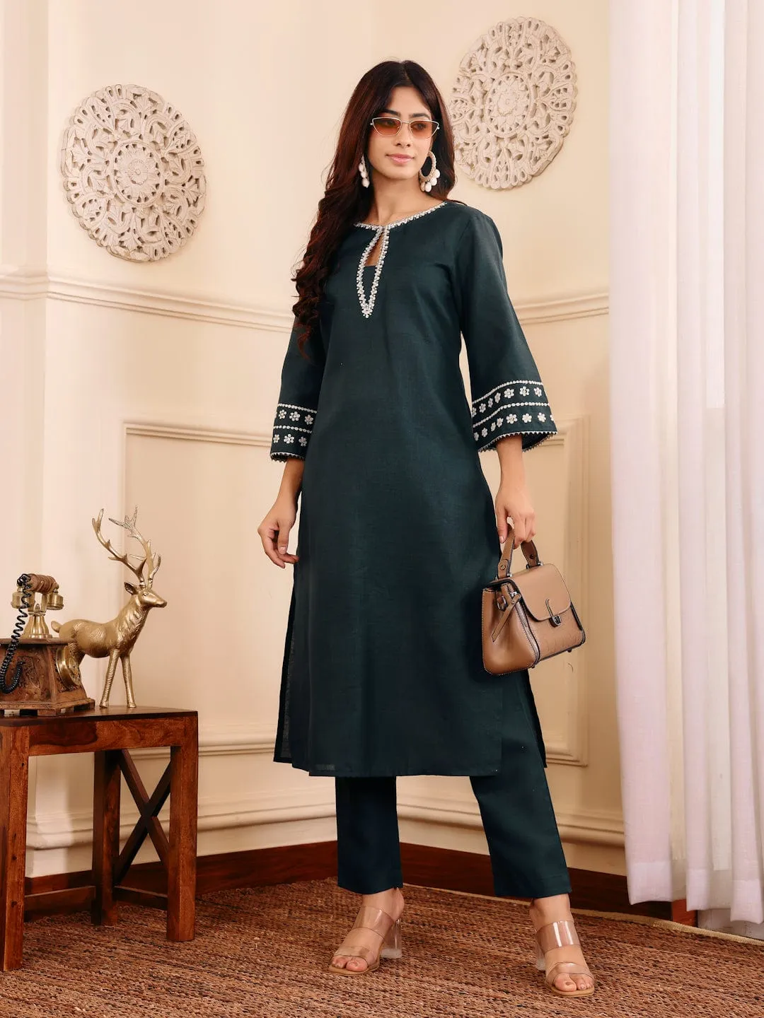 Varanga Women Bottle Green Embroidered Kurta Set