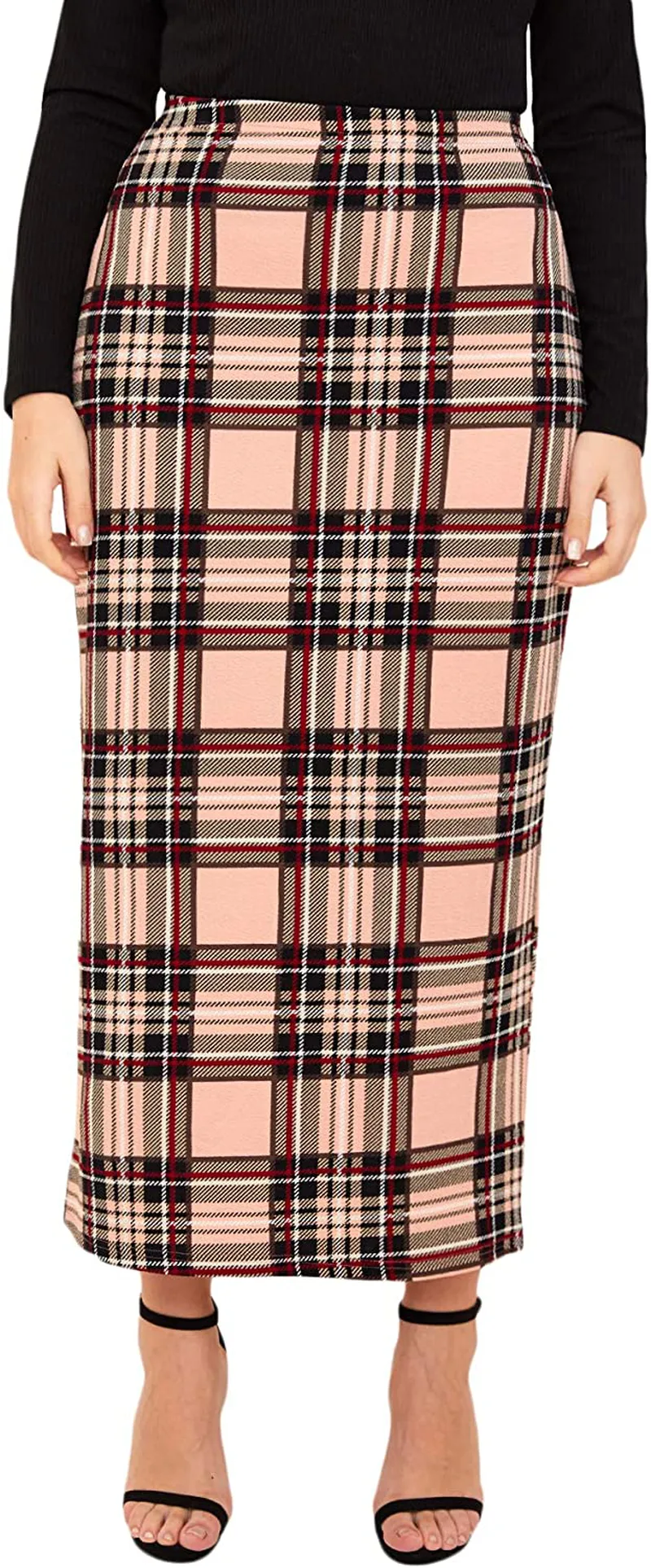 Verdusa Women's Plus Size Plaid Print Elastic Waist Bodycon Long Skirt