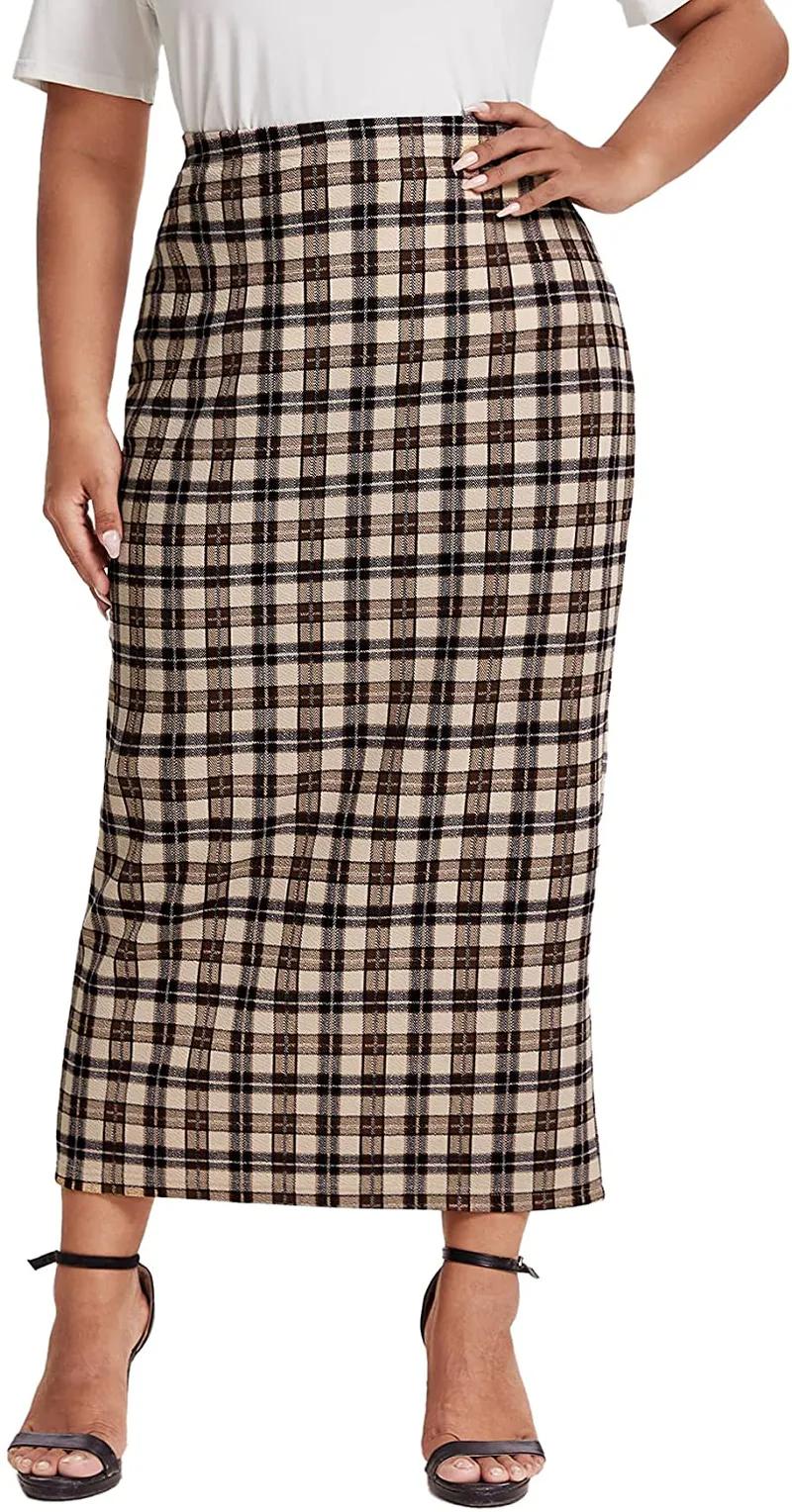 Verdusa Women's Plus Size Plaid Print Elastic Waist Bodycon Long Skirt