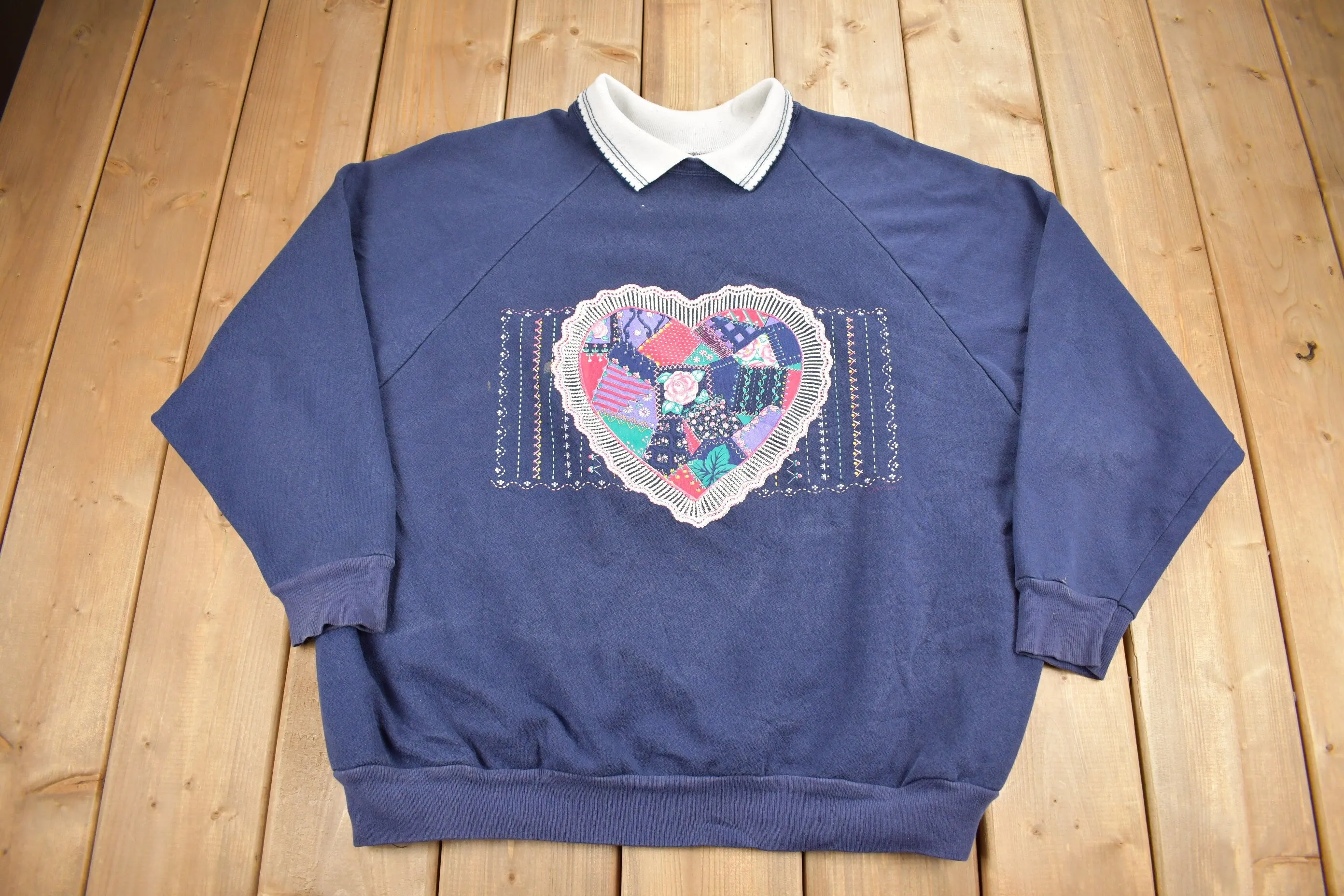 Vintage 1980s Heart Graphic Cute Collared Raglan Cut Crewneck Sweater