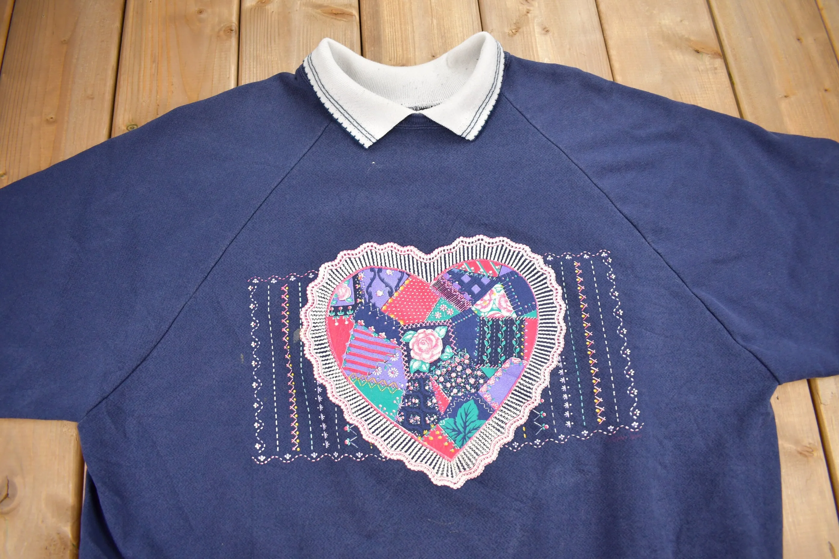 Vintage 1980s Heart Graphic Cute Collared Raglan Cut Crewneck Sweater