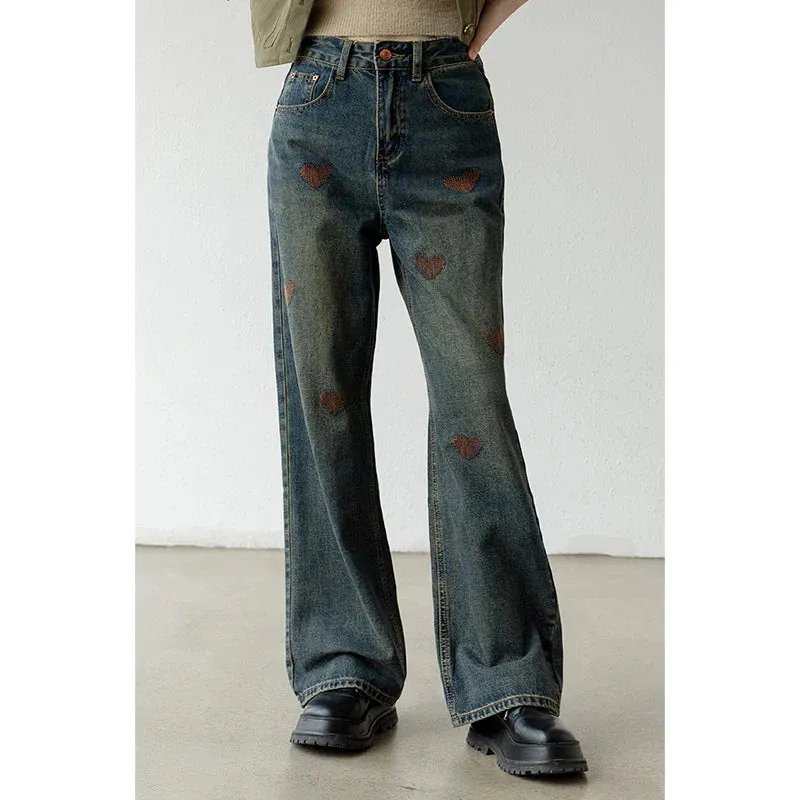 Vintage Blue Embroidered High Waist Wide Leg Jeans