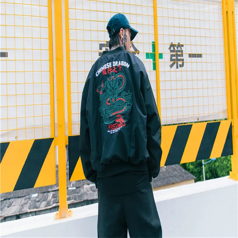 Vintage Embroidery Dragon Pattern Men Windbreaker Jacket