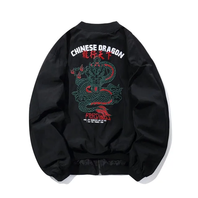 Vintage Embroidery Dragon Pattern Men Windbreaker Jacket