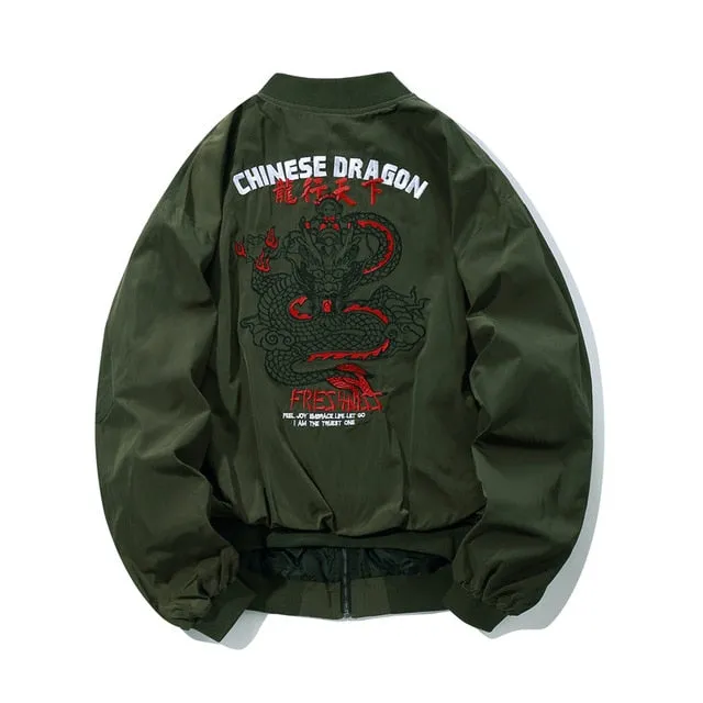 Vintage Embroidery Dragon Pattern Men Windbreaker Jacket