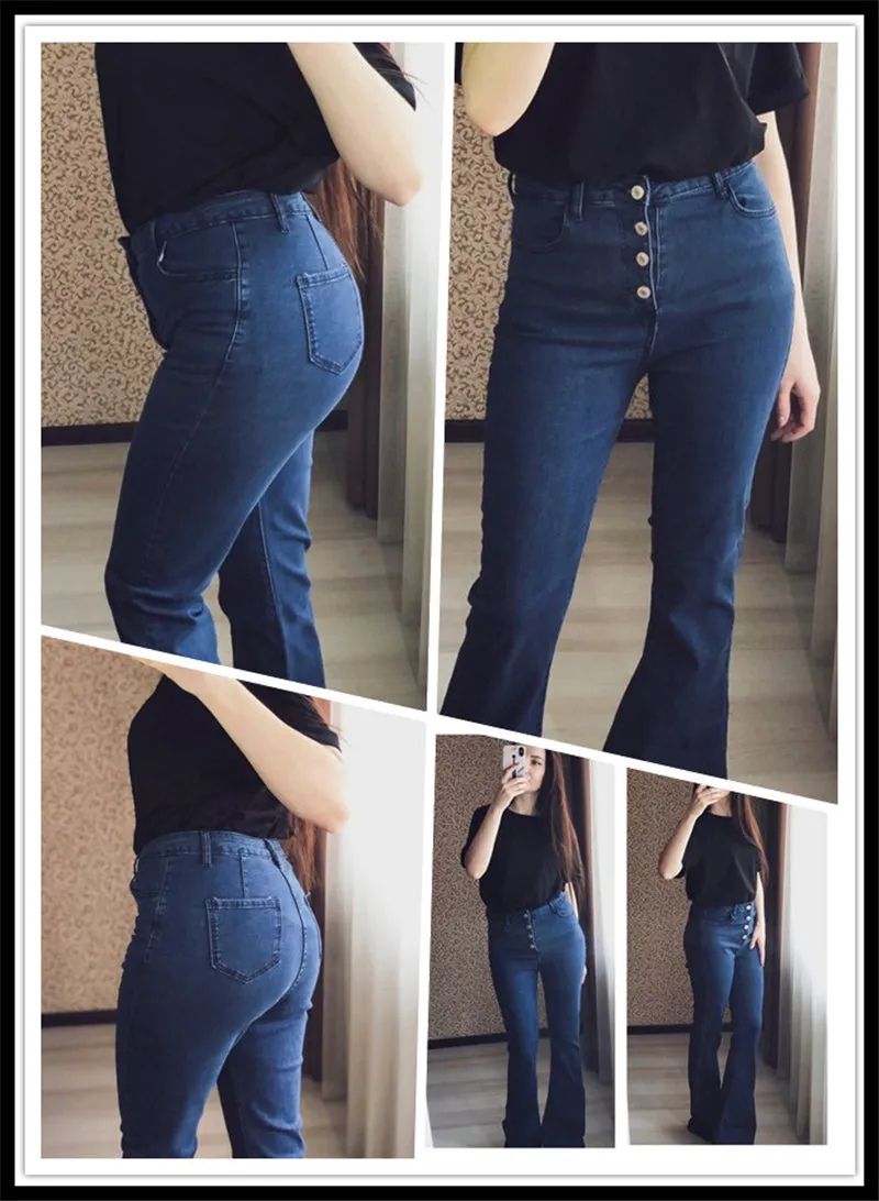 Vintage Ladies' Stretch Mid Waist Button-up Flared Denim Jeans Blue