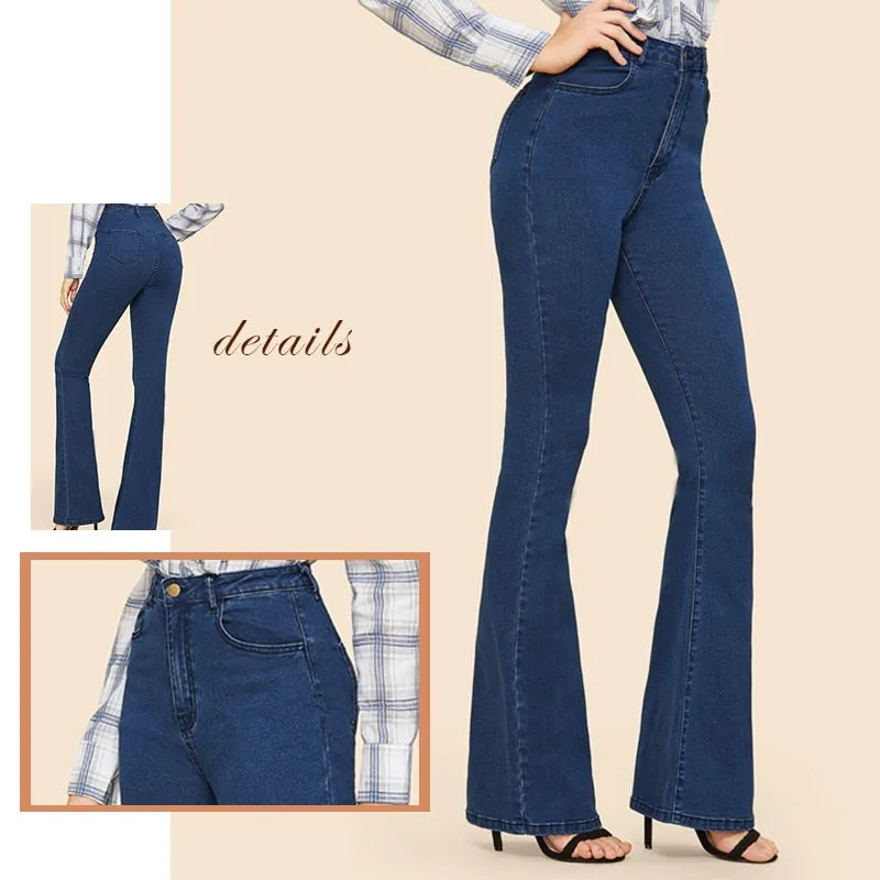 Vintage Trendy Femeal Mid Waist Solid Skinny Flared Jeans Blue