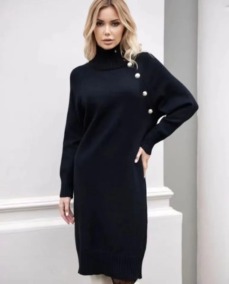 Vintage Winter Black Knitted Dress Ladies L 28020