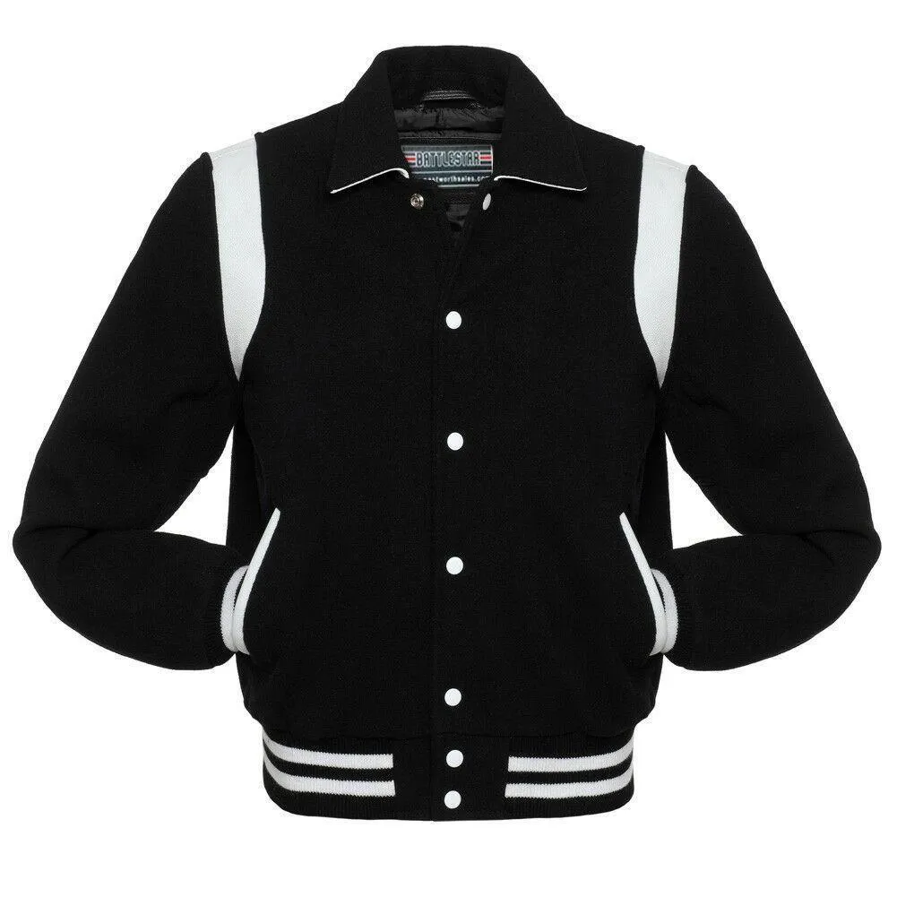 Warrior Gears Classic Hybrid Varsity Jacket for Kids, Toddler Letterman Bomber Jacket for Boys, Unisex Varsity   Jacket Girls, Black Wool Body & Black Sleeves with Collar & White Trim