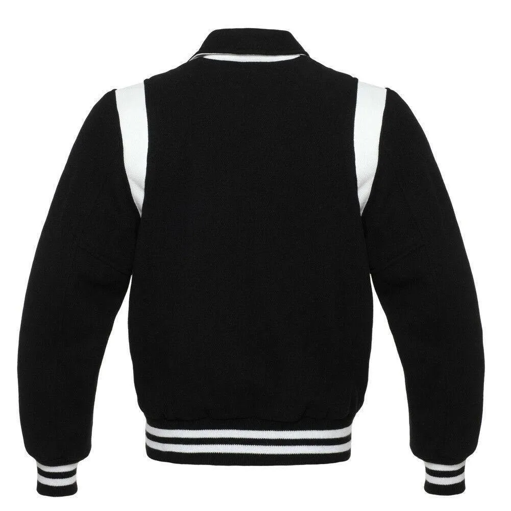 Warrior Gears Classic Hybrid Varsity Jacket for Kids, Toddler Letterman Bomber Jacket for Boys, Unisex Varsity   Jacket Girls, Black Wool Body & Black Sleeves with Collar & White Trim