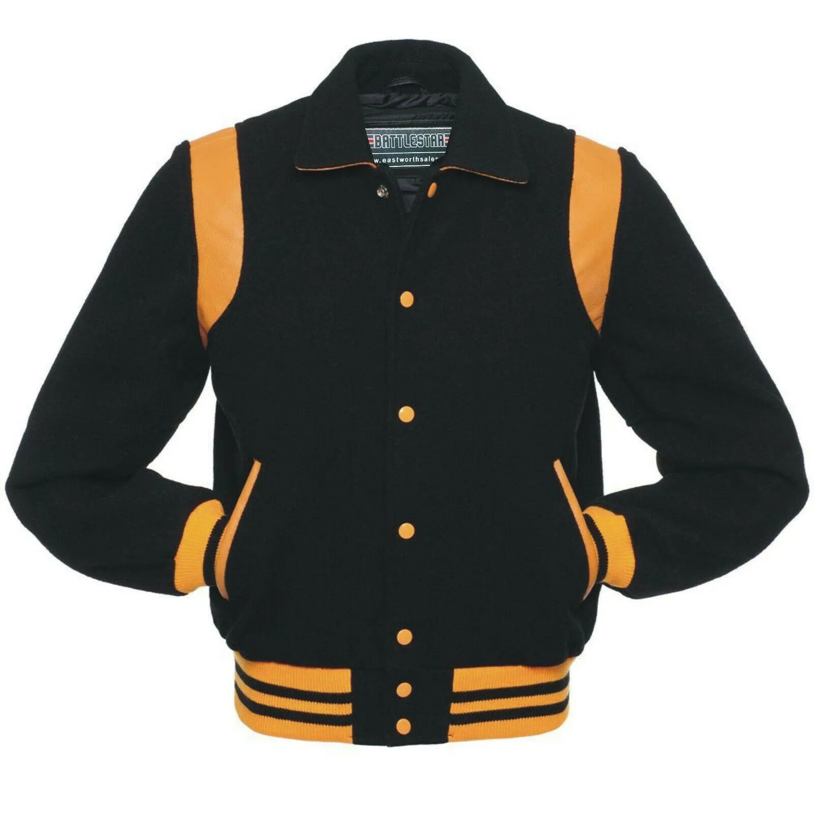 Warrior Gears Classic Hybrid Varsity Jacket for Kids, Toddler Letterman Bomber Jacket for Boys, Unisex Varsity   Jacket Girls, Black Wool Body & Black Sleeves with Collar & yellow Trim