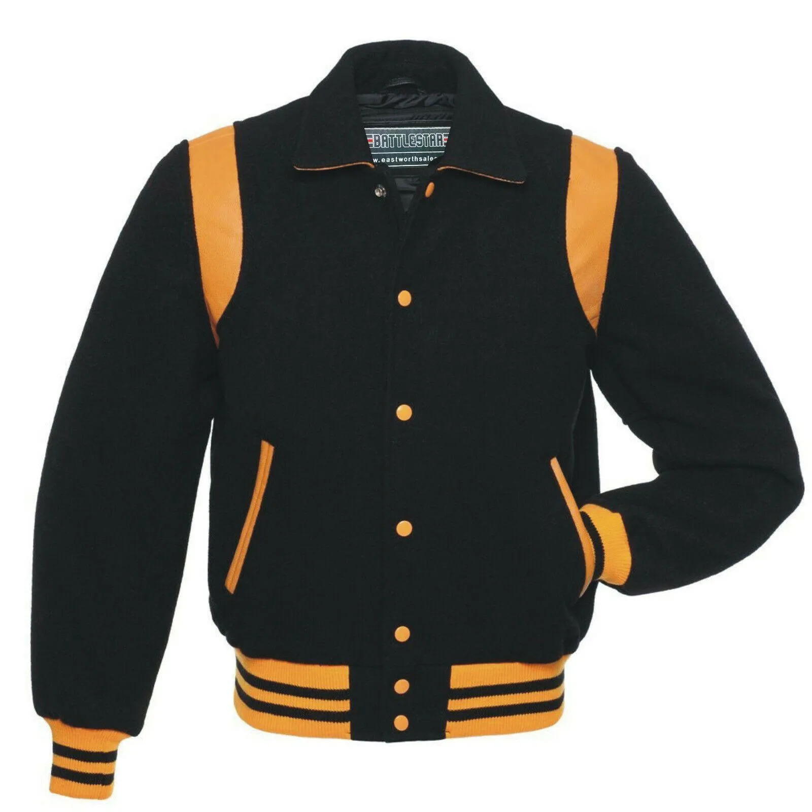 Warrior Gears Classic Hybrid Varsity Jacket for Kids, Toddler Letterman Bomber Jacket for Boys, Unisex Varsity   Jacket Girls, Black Wool Body & Black Sleeves with Collar & yellow Trim