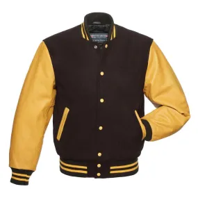 Warrior Gears Classic Hybrid Varsity Jacket University Letterman Bomber Jacket, Pure Wool & Original Cowhide Leather Jacket, Brown Pure Wool Body & Gold Real Leather Sleeves