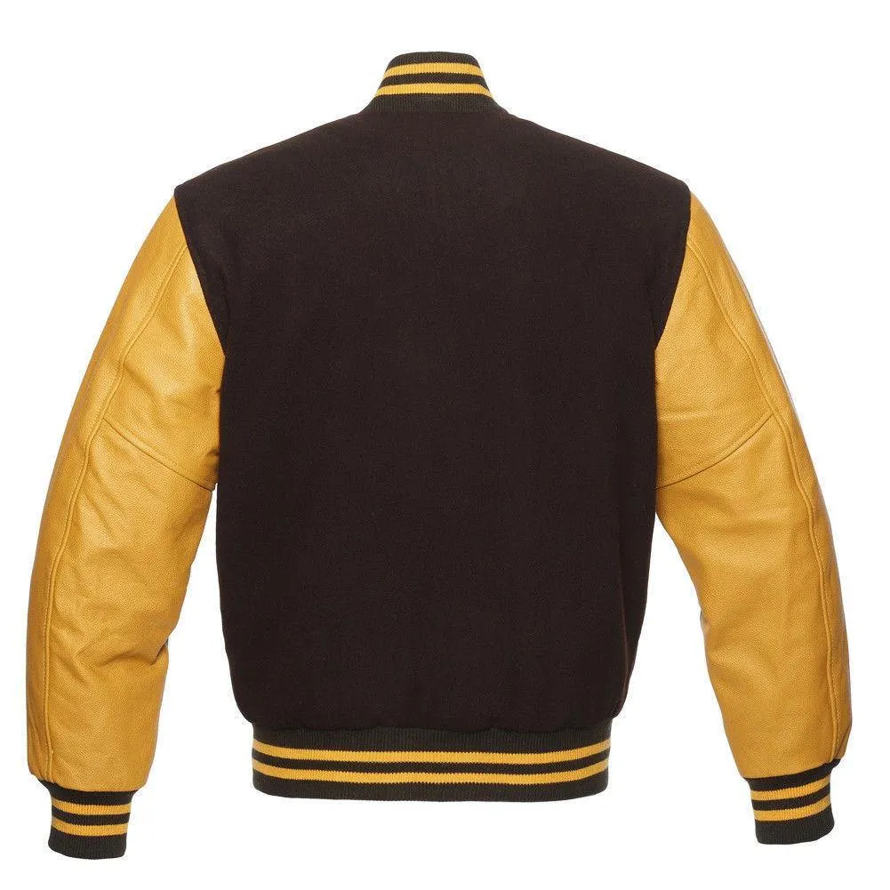 Warrior Gears Classic Hybrid Varsity Jacket University Letterman Bomber Jacket, Pure Wool & Original Cowhide Leather Jacket, Brown Pure Wool Body & Gold Real Leather Sleeves