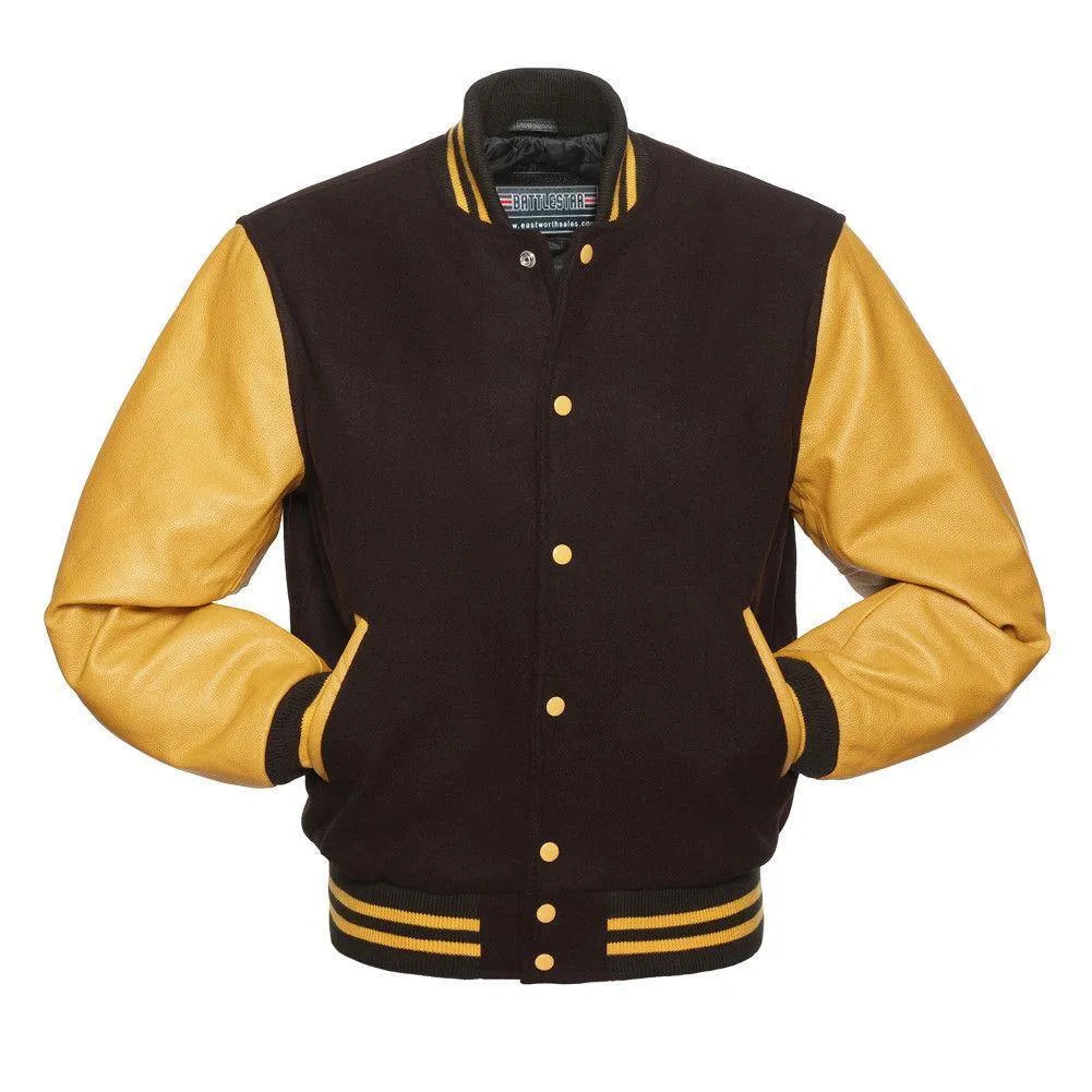 Warrior Gears Classic Hybrid Varsity Jacket University Letterman Bomber Jacket, Pure Wool & Original Cowhide Leather Jacket, Brown Pure Wool Body & Gold Real Leather Sleeves