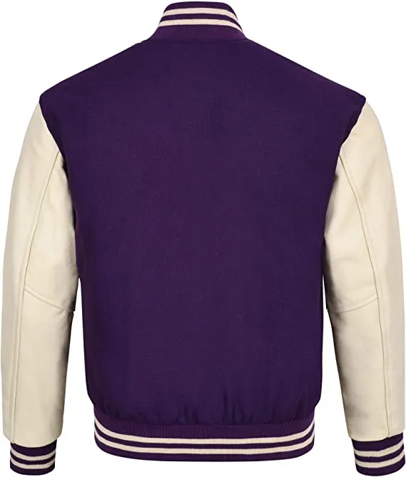 Warrior Gears Classic Hybrid Varsity Jacket University Letterman Bomber Jacket, Pure Wool & Original Cowhide Leather Jacket, Purple Wool Body & Cream Real Leather Sleeves