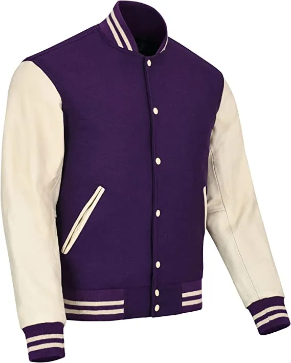 Warrior Gears Classic Hybrid Varsity Jacket University Letterman Bomber Jacket, Pure Wool & Original Cowhide Leather Jacket, Purple Wool Body & Cream Real Leather Sleeves