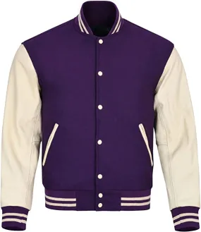 Warrior Gears Classic Hybrid Varsity Jacket University Letterman Bomber Jacket, Pure Wool & Original Cowhide Leather Jacket, Purple Wool Body & Cream Real Leather Sleeves