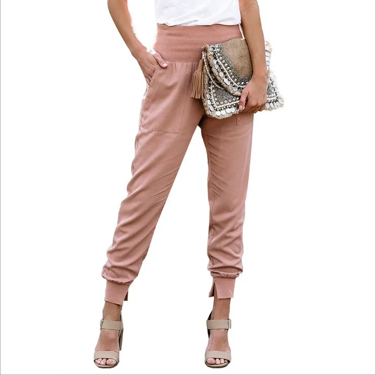 Wenkouban  2022 summer new ladies fashion casual solid color high waist cropped trousers with slits