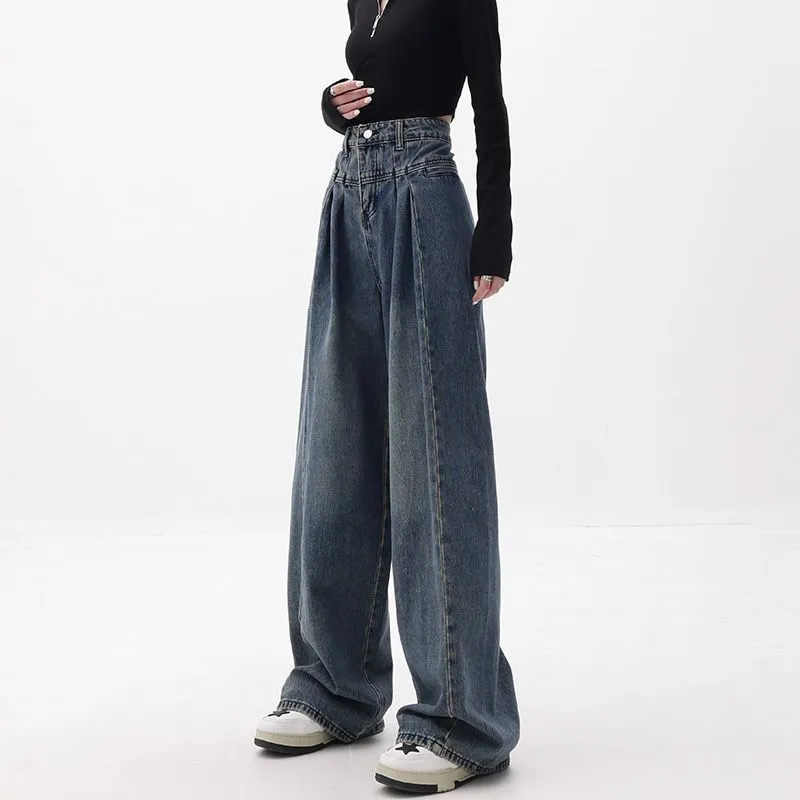 Wenkouban 90s streetwear Women American Retro Washed High Waist Loose Wide Leg Jeans