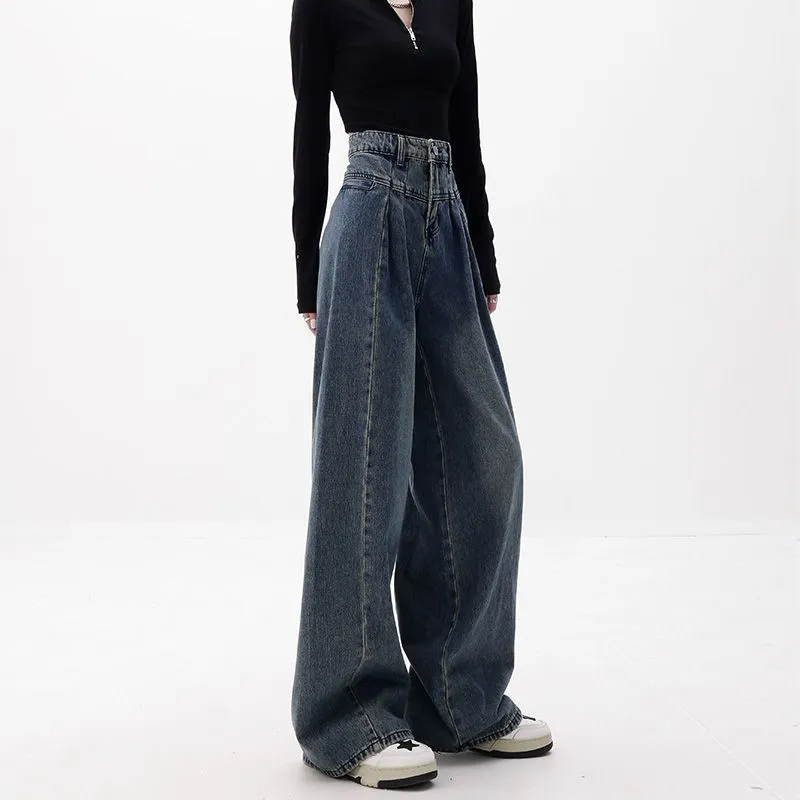 Wenkouban 90s streetwear Women American Retro Washed High Waist Loose Wide Leg Jeans