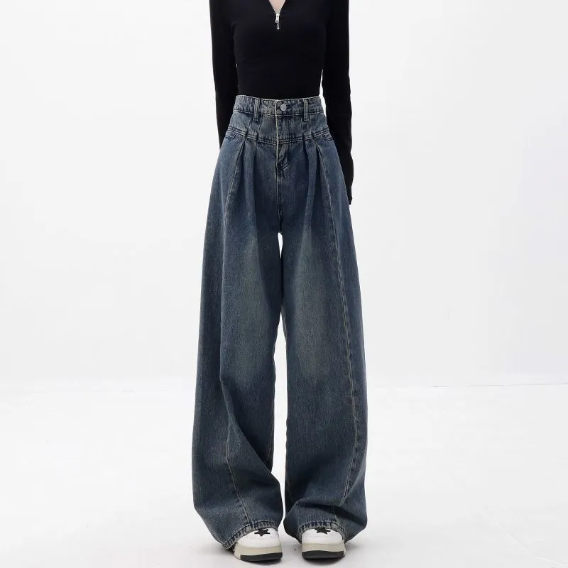 Wenkouban 90s streetwear Women American Retro Washed High Waist Loose Wide Leg Jeans