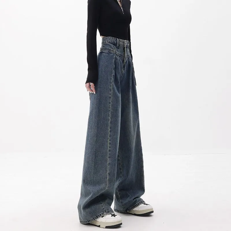 Wenkouban 90s streetwear Women American Retro Washed High Waist Loose Wide Leg Jeans