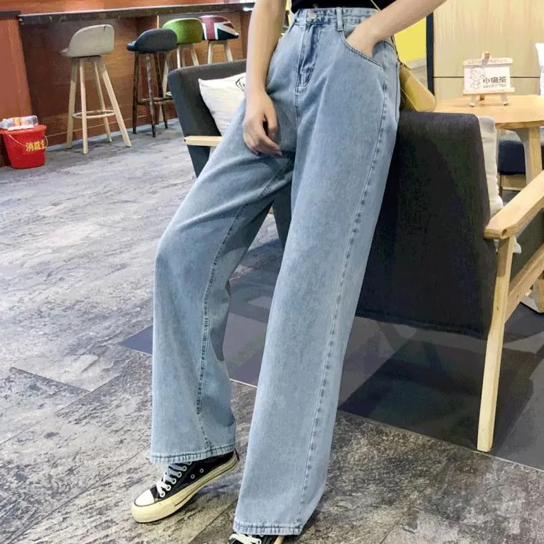 Wenkouban baggy Jeans Women's Western Style High Waist Straight Loose Wide Leg Pants Draping Mop Pants