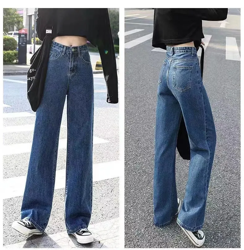 Wenkouban baggy Jeans Women's Western Style High Waist Straight Loose Wide Leg Pants Draping Mop Pants