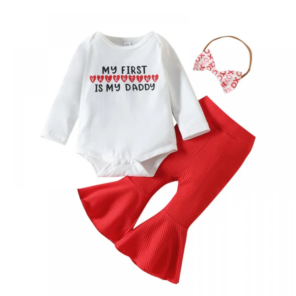 Western-style Baby Girl Valentine's Day Letter Print Romper   Flared Pants Set Wholesale Baby Clothes